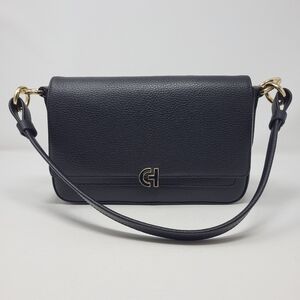 Cole Haan Grand Series Mini Shoulder Bag Peppled Leather Flap Black Gold Small